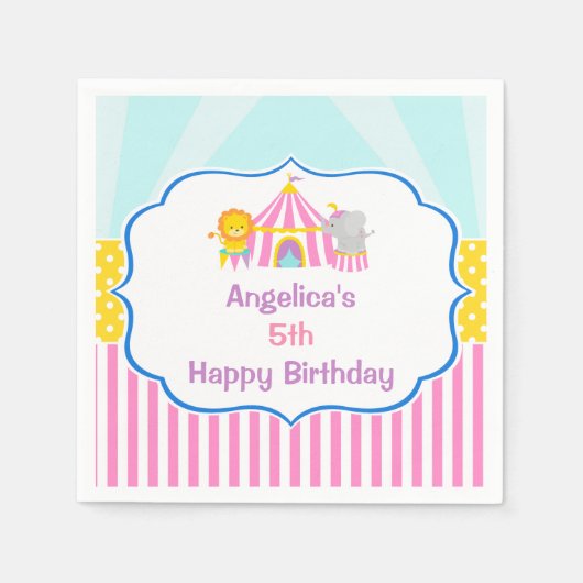 ビッグトップサーカスカーニバル誕生日インピンク スタンダードカクテルナプキン (正面)
