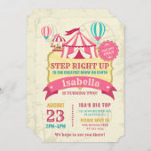 ビッグトップサーカスカーニバル誕生日ガールピンク 招待状 (正面/裏面)