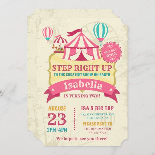 ビッグトップサーカスカーニバル誕生日ガールピンク 招待状 (正面/裏面)