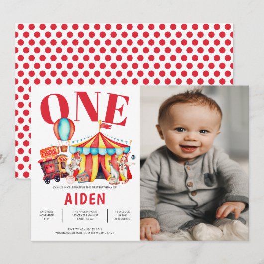 ビッグトップサーカスカーニバル1stフォト誕生日 招待状 (正面/裏面)