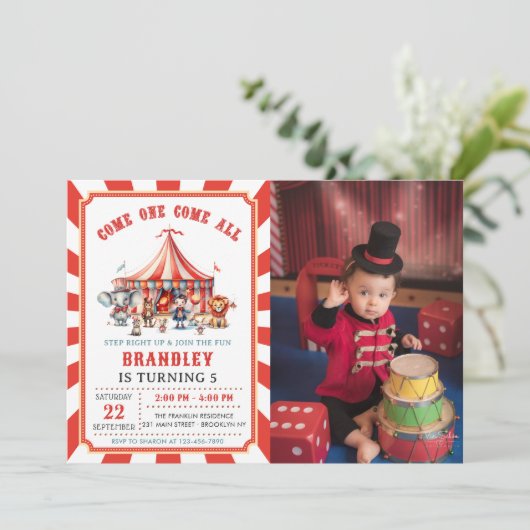 ビッグトップサーカス動物カーニバル誕生日写真 招待状 (スタンド正面)