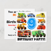 ビッグトラックの9歳の誕生日パーティー 招待状 (正面/裏面)