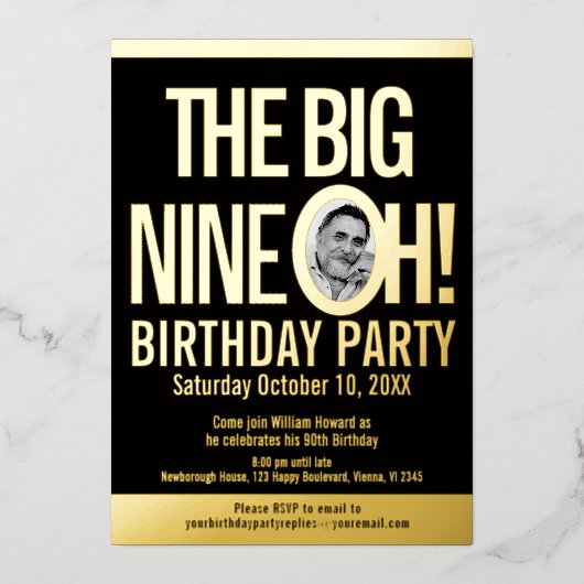 ビッグナイン0h!90番目の誕生日の写真 箔招待状 (正面)