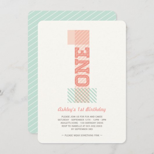 ビッグナンバー1ストライプベビーガール1st誕生日パーティー 招待状 (正面/裏面)