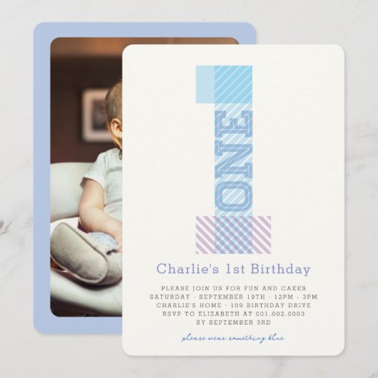 ビッグナンバー1ストライプ男の赤ちゃん1st誕生日パーティー 招待状 (正面/裏面)