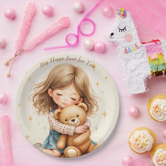 ビッグハグカワイガールハギングテディベア紙シート ペーパープレート (パーティー)