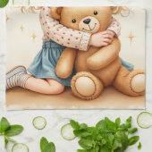 ビッグハグ – 可愛い女の子ハギングテディベア キッチンタオル (折り畳み)