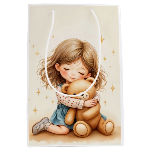 ビッグハグ – 可愛い女の子ハギングテディベア ミディアムペーパーバッグ (正面)