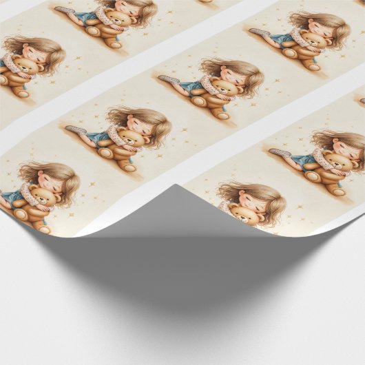 ビッグハグ – 可愛い女の子ハギングテディベア ラッピングペーパー (角)