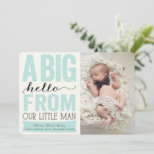 ビッグハローマイルドマンからの男の赤ちゃん写真誕生 案内状 (スタンド正面)