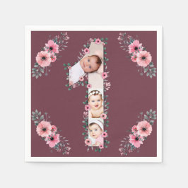 ビッグバースデーガールフォトコラージピンクフラワー スタンダードカクテルナプキン