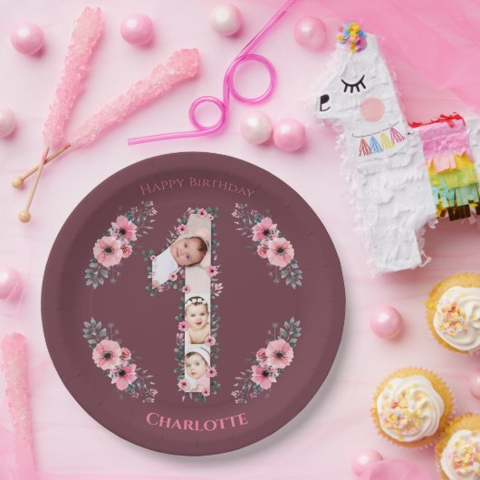 ビッグバースデーガールフォトコラージピンクフラワー ペーパープレート (パーティー)
