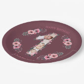 ビッグバースデーガールフォトコラージピンクフラワー ペーパープレート (アングル)