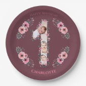 ビッグバースデーガールフォトコラージピンクフラワー ペーパープレート (正面)