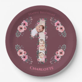 ビッグバースデーガールフォトコラージピンクフラワー ペーパープレート