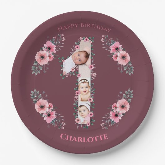 ビッグバースデーガールフォトコラージピンクフラワー ペーパープレート (正面)