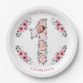 ビッグバースデーガールフォトコラージピンクフラワー ペーパープレート