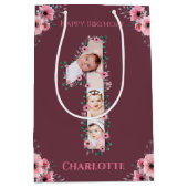 ビッグバースデーガールフォトコラージピンクフラワー ミディアムペーパーバッグ (正面)