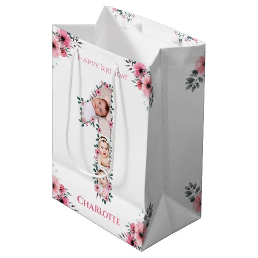 ビッグバースデーガールフォトコラージピンクフラワー ミディアムペーパーバッグ