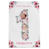 ビッグバースデーガールフォトコラージピンクフラワー ミディアムペーパーバッグ