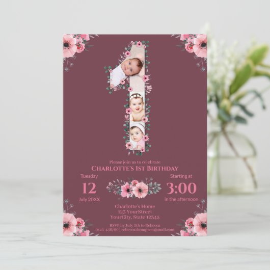 ビッグバースデーガールフォトコラージピンクフラワー 招待状 (スタンド正面)