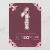 ビッグバースデーガールフォトコラージピンクフラワー 招待状 (正面/裏面)