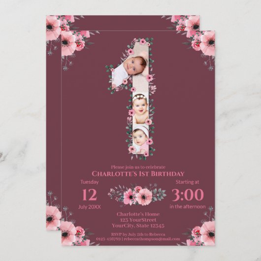 ビッグバースデーガールフォトコラージピンクフラワー 招待状 (正面/裏面)