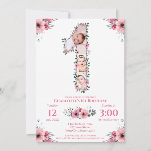 ビッグバースデーガールフォトコラージピンクフラワー 招待状 (正面)