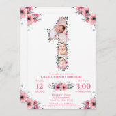 ビッグバースデーガールフォトコラージピンクフラワー 招待状 (正面/裏面)