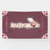 ビッグバースデーガールフォトコラージピンクフラワー 横断幕 (横)