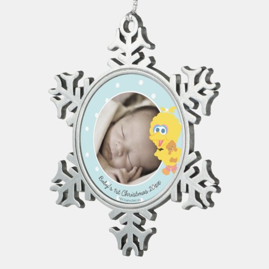 ビッグバード |ベビー初めてのクリスマス – 名前の追加 スノーフレークピューターオーナメント (右)