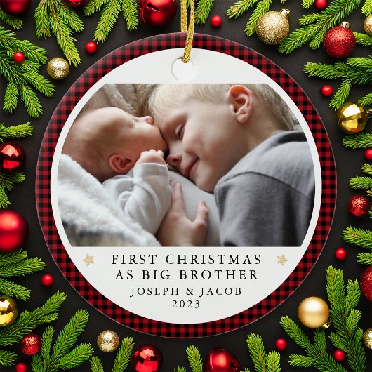 ビッグパーソナライズされたブラザー写真としての初めてのクリスマス セラミックオーナメント