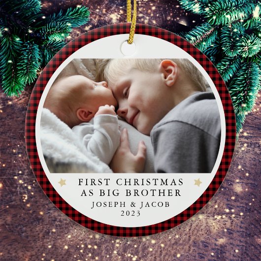 ビッグパーソナライズされたブラザー写真としての初めてのクリスマス セラミックオーナメント