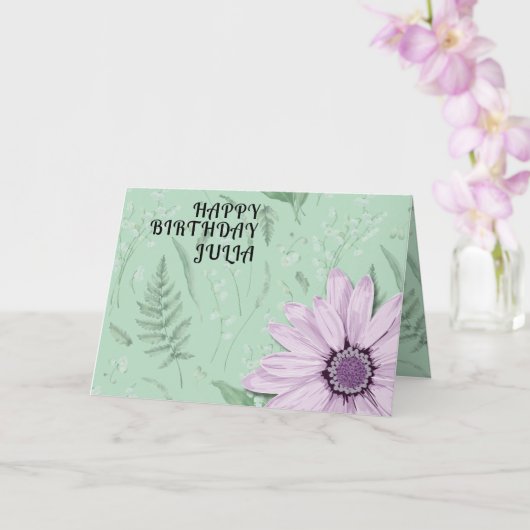 ビッグピンクデイジーグリーンハッピーバースデー名前をカスタムする カード (蘭)