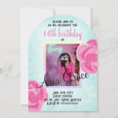 ビッグピンクローズ、ターコイズ誕生日パーティー 招待状 (正面)