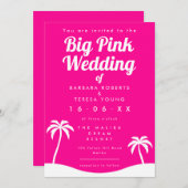 ビッグピンク結婚ズバービーコアトレンディーパームツリービーチ 招待状 (正面/裏面)