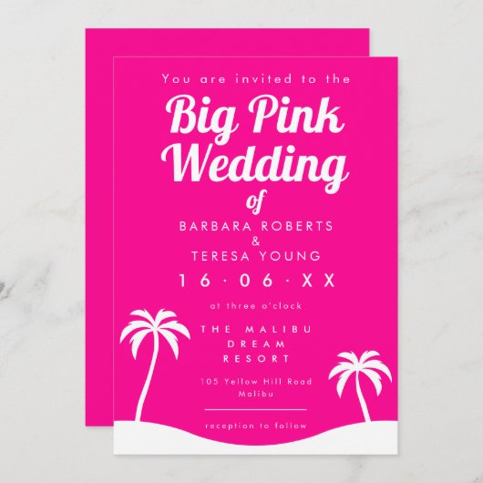 ビッグピンク結婚ズバービーコアトレンディーパームツリービーチ 招待状 (正面/裏面)