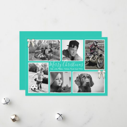 ビッグファミリークリスマスフォトコラージュターコイズ シーズンカード (正面/裏面インサイチュ)