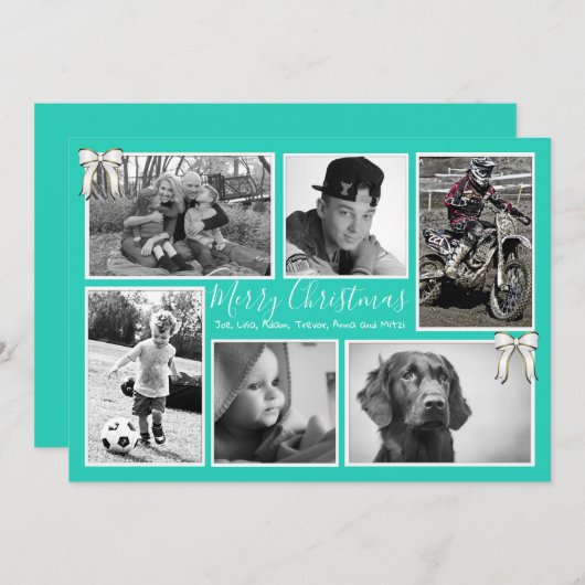 ビッグファミリークリスマスフォトコラージュターコイズ シーズンカード (正面/裏面)