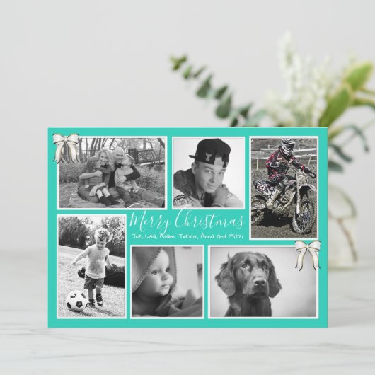ビッグファミリークリスマスフォトコラージュターコイズ シーズンカード (スタンド正面)
