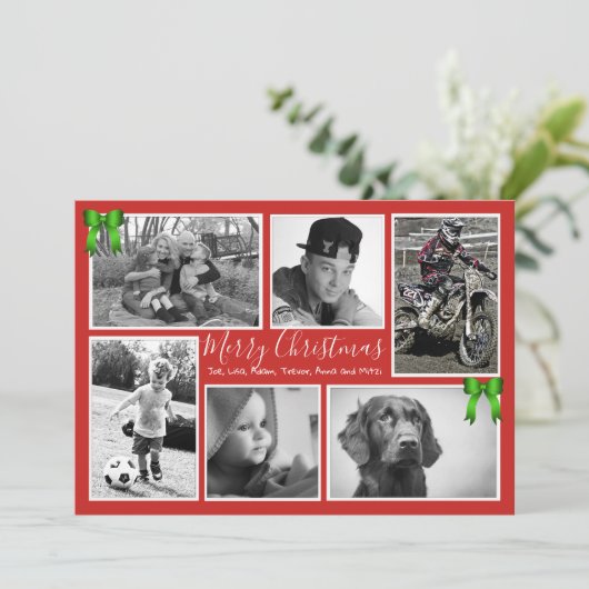 ビッグファミリークリスマスフォトコラージュ赤グリーン シーズンカード (スタンド正面)