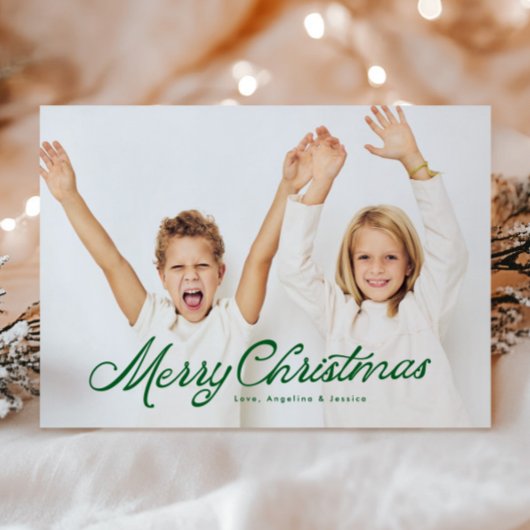 ビッグフォトグリーンレタリングオーバーレイメリークリスマス シーズンカード