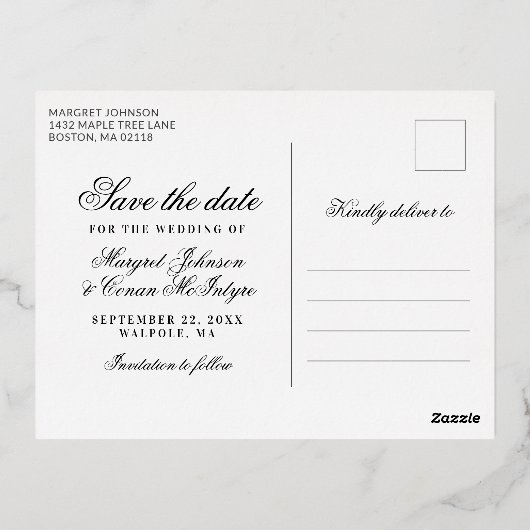 ビッグフォトゴールドフォイル日付箔の保存招待状 箔招待状ポストカード (裏面)