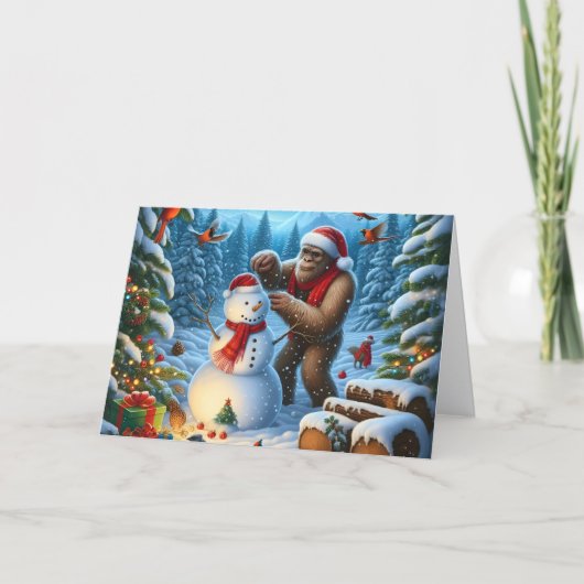 ビッグフットが雪だるまを作るクリスマス シーズンカード (正面)