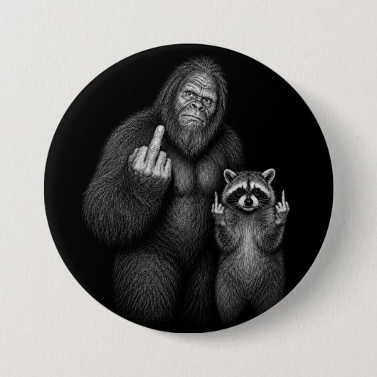 ビッグフットとアライグマの中指立て 缶バッジ (正面)