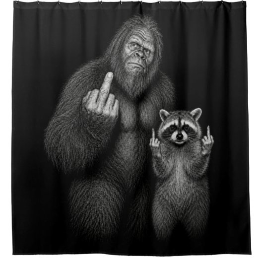 ビッグフットとアライグマの中指 シャワーカーテン (正面)