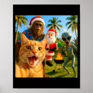 ビッグフットとエイリアンとクリスマスを楽しむ猫の自撮り ポスター