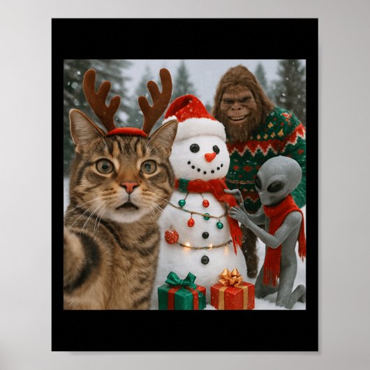 ビッグフットエイリアンとクリスマスの猫の自撮り ポスター (正面)
