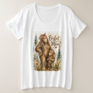 ビッグフットママの水彩画 森の未確認生物 ファミリーアート プラスサイズTシャツ