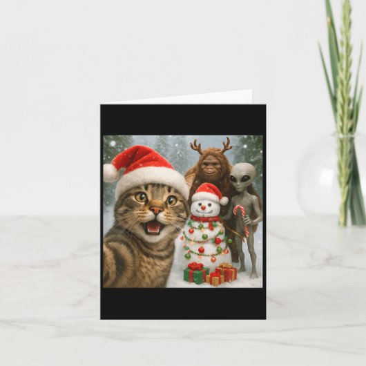 ビッグフット宇宙人と写る面白いクリスマスの猫の自撮り＆ カード (正面)